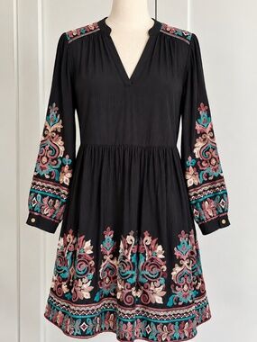Anthropologie Floreat Avery Embroidered Black Boho Dress Size M